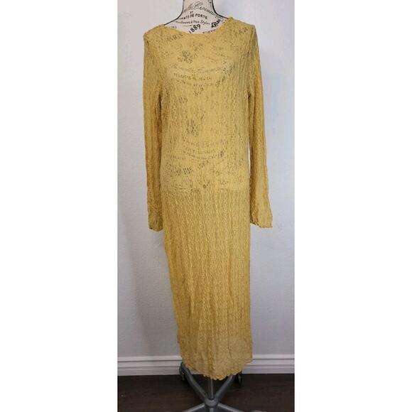 H&M Slip Maxi Dress Sz L/XL Prints Lace Mesh Sheer Yellow Long Sleeves Whimsycal - Picture 2 of 11